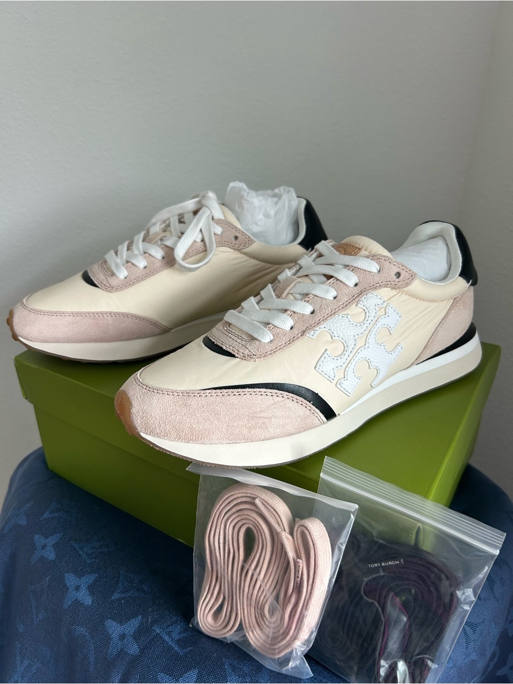 Tory Burch Pale Pink Suede & Cream Leather Sneakers with Black Accent